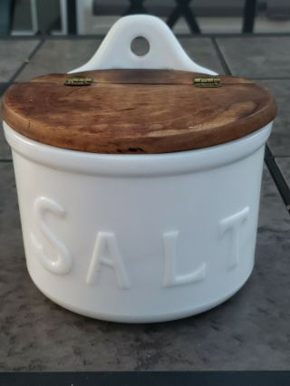 Rare Antique Milk Glass Salt Box W/wooden Lid All Nicc