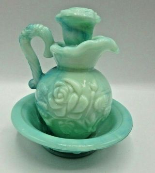 Vintage Avon Green Milk Glass Bath Oil Pitcher &stopper & Bowl Rose Design