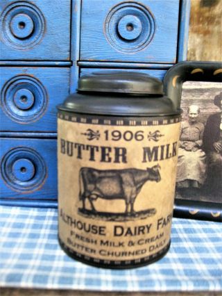 Early Antique Pantry Tin Black Milk Paint Buttermilk Label