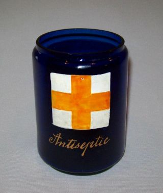 Old Antique Vtg Ca 1800s Cobalt Blue Glass Red Cross Enameled Antiseptic Jar
