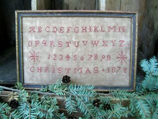Cross Stitch On Linen Merry Christmas Alphabet Sampler Antique Wood Frame