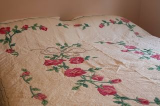 Vintage Fab Hand Stitched Cotton Quilt Tulip Applique 80x86