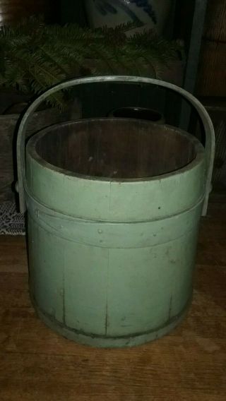 Antique Early Primitive Green Wood Paint Firkin Bucket 9.  5 " Patina