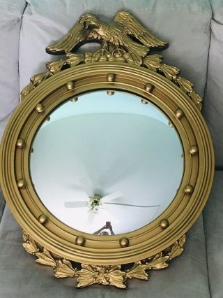Vintage Antique 33” Federal Eagle Bullseye Convex Round Gold Gilt Wood Mirror