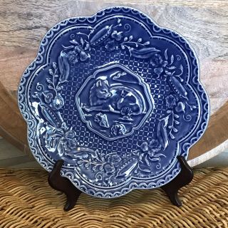 Cobalt Blue Ceramic Raised Design Plate Cat In Center.  Andrea Sadek 9 Inches