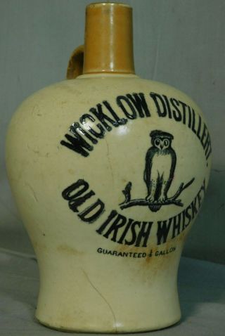 Antique Crock Old Irish Whiskey Jug Wicklow Distillery Vintage Advertising Owl