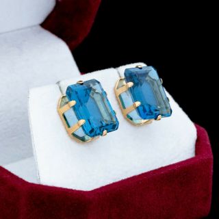Antique Vintage Deco Retro 14k Yellow Gold 15.  54 Cts Blue Spinel Stud Earrings