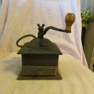 Vintage Counter Top Cast Iron & Wood Coffee Mill Grinder Floral Themed Crank