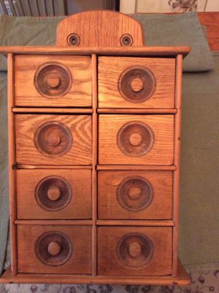 Primitive Antique Wooden Spice Cabinet Hanging Case C1900 8 Drawer Carved Pulls