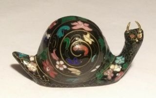 Pretty Vintage Chinese Cloisonne Snail Figurine Black Enamel Floral (2 " X 4 ")