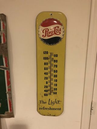 Vintage Pepsi Cola Light Refreshment Thermometer Usa Sign Yellow Bottle Cap Soda
