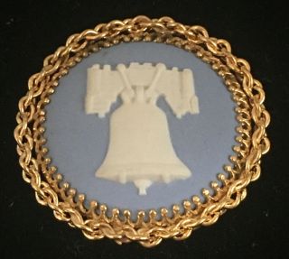 Wedgwood Blue Liberty Bell Pin 12k Gold Filled Trim - England - C 75