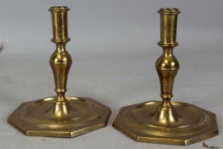 Rare Pair 17th C Spanish Brass Candlesticks Bold Shaft Flat Octagonal Bases