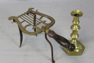 A Fine 18th C Decorated Brass And Wrought Iron Hearth Trivet With A Wood Handle