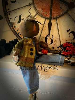 Primitive Folk Art Pumpkin Boy Doll In Overalls & Wool Coat Hand Stitched Ooak