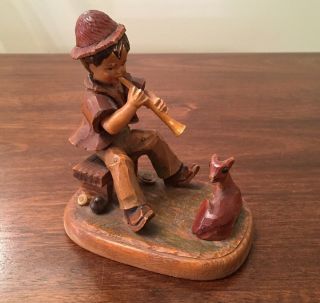 Vintage Anri Italy Hand Carved Wood Boy Playing Flute With Fawn Deer