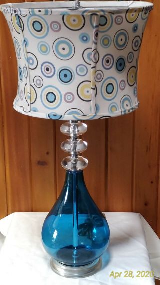 Vintage Mid Century Modern 1960s Table Lamp Blue Glass Lucite W Shade