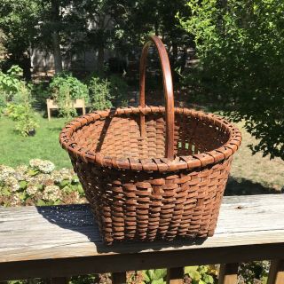 Antique 19th C Primitive Shaker Splint Wood Gathering Basket With Handle