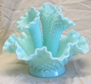 Vintage Fenton Light Aqua Blue Milk Glass Hobnail 3 Arm Epergne Lily Horn Vase