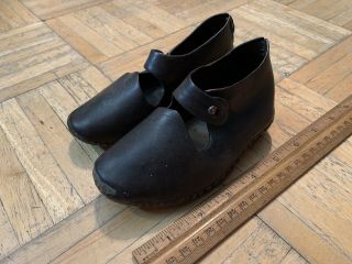 Mid 19th Century Childs Leather Shoes W Strap Closure & Tacked Wooden Soles