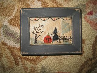 Primitive Tiny Sampler The Witch & Her Pumpkin Early Quilt Halloween Folk Art