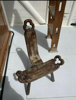 Antique Primitive Wood Carved 3 Legged Birthing Chair Long Back Hand Carved