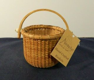 Vintage Small 4 1/4 X 3 3/4 Inches Nantucket Basket With Swivel Handle And Tag