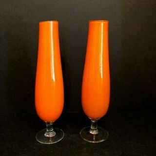 Vintage Orange Glass Stem Flower Bud Vase 8  Tall With Clear Base