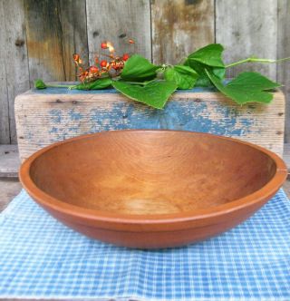 Lg Early Antique Wood Dough Bowl W Rim Pumpkin Milk Paint 13 "