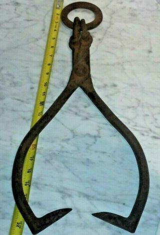 Antique Vintage Heavy Duty Iron Log Tongs,  23 " Length Ring To Grab Hooks