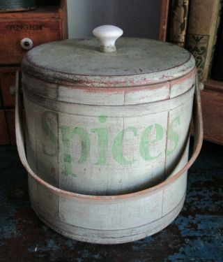 7 1/2 " Old Firkin/sugar Bucket/ " Spices " /wood - Green Paint - Prim - Porcelain Knob