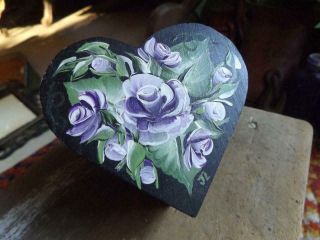 Lovely Vintage Folk Art Painted Wood Box Heart Artist Signed Jl Purple Flowers
