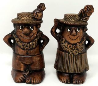 Vtg Treasure Craft Ceramic Hawaiian Tiki Man And Woman Salt & Pepper Shakers Guc