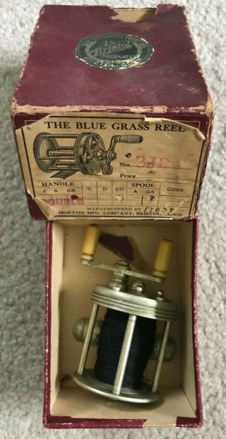 Vintage The Horton Mfg Co No 3 Blue Grass Casting Fishing Reel Bristol Ct W/ Box