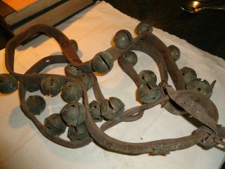 Antique Primitive Brass Bronze Sleigh Bells 18 Bells Leather Strap 1800