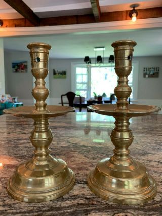 Pair Virginia Metalcrafters Colonial Williamsburg Brass Drip Candlesticks