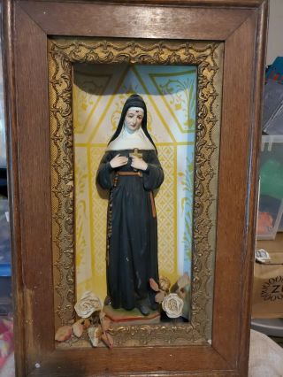 Antique Christian Catholic Religious Statue Shadow Box Vintage