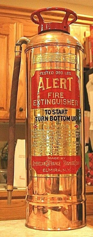 Rare Antique Vintage " Alert " Copper Brass Fire Extinguisher - Polished Restored