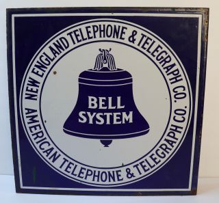 Vtg Bell System Enamel Sign England Telephone & Telegraph 2 Sided Flanged