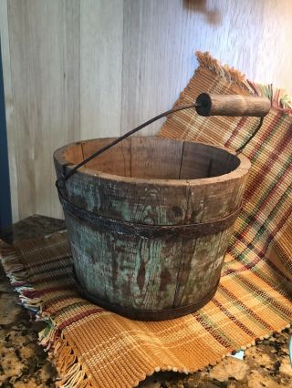 Vintage Wooden Primitive Water Bucket,  Rustic,  Farm,  Well,  Feed,  Antique Red