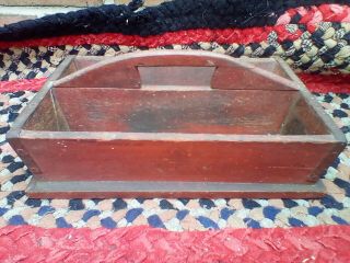 Early Primitive Wooden Carrier Cutlery Tote Old Red Paint Square Nails