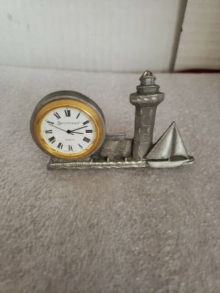 Vintage Collectible Pewter Lighthouse Sailboat Clock Spooniques H7216.  B54