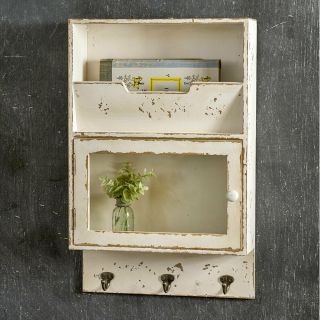 Farmhouse Wood Wall Cupboard With Glass Front Door And Hooks