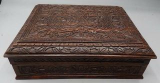 Antique 19th Century Heavily Carved Solid Walnut Box - French Or Swiss