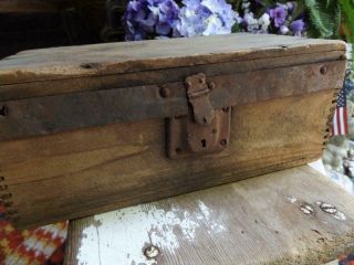 Old Rustic Primitive Antique Hand Made Wood Lock Box With Iron Band Ohio Farm