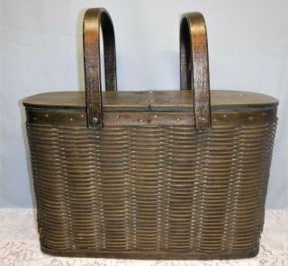 Vtg Hawkeye Cooler Wicker Basket Early Antique Wooden Metal Lined Picnic Signed