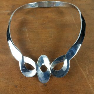 Vintage Taxco Mexico Sterling Silver Modernist Swirl Choker Collar Necklace