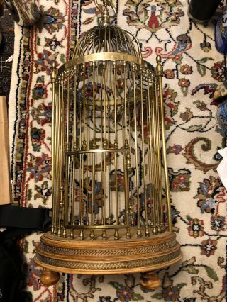 Vintage Italian Brass & Restored Wood Bird Cage 29” Italy