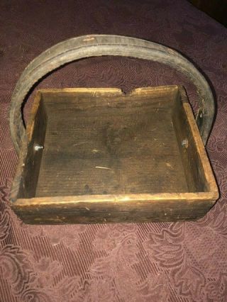 Vintage Primitive Finger Jointed Wood Box With Leather Strap Handle