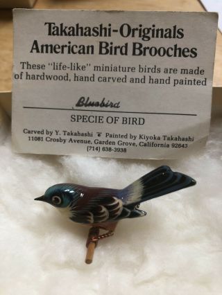 Vintage Takahashi Painted Wood Bird On Tree Branch Pin Blue Bird 2